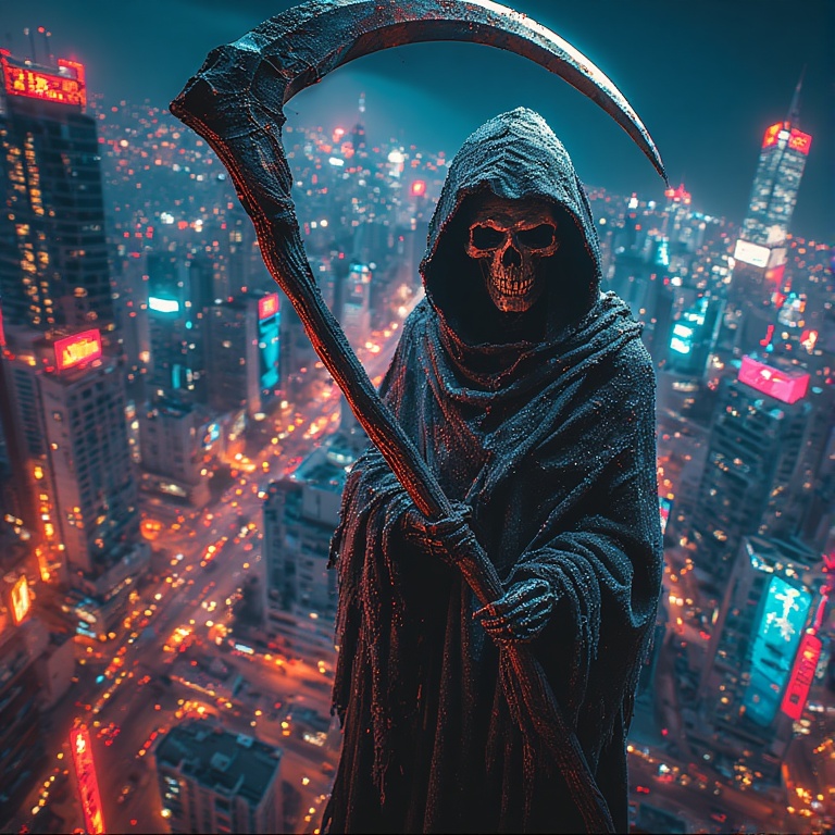 Neon Grim Reaper Cityscape