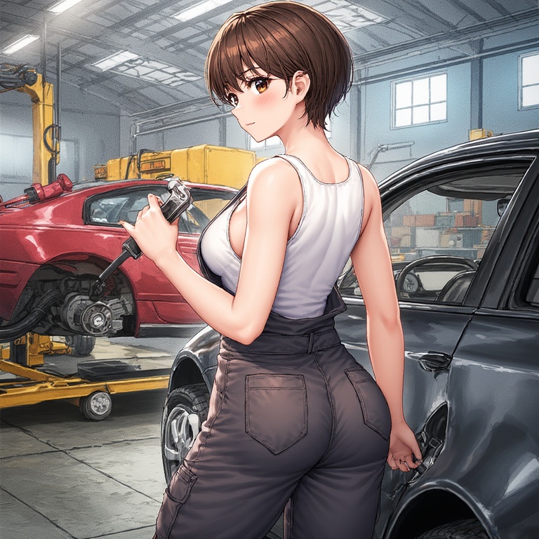 Mechanic Cutie Next to Car
