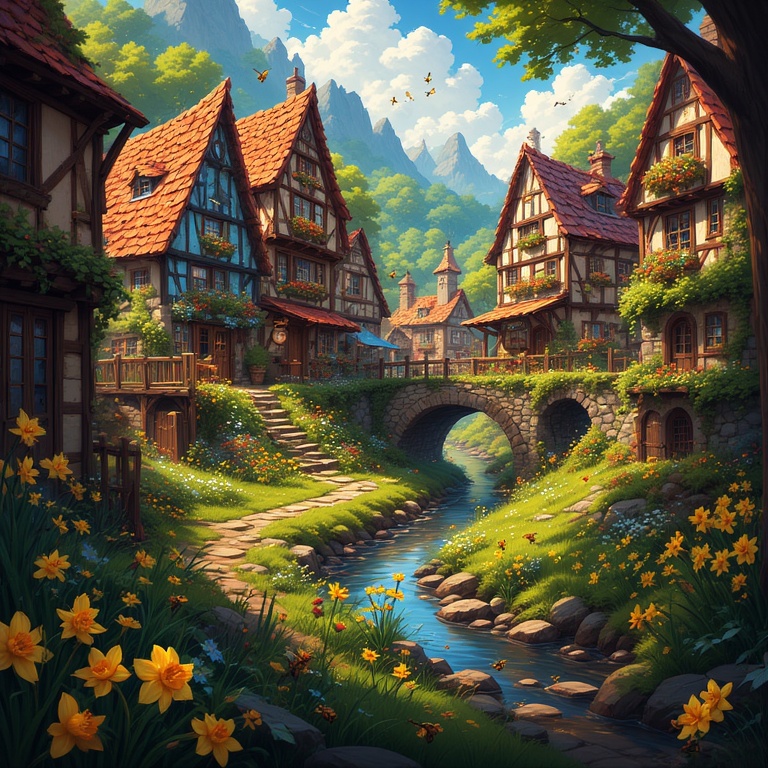 Springtime Village Scene