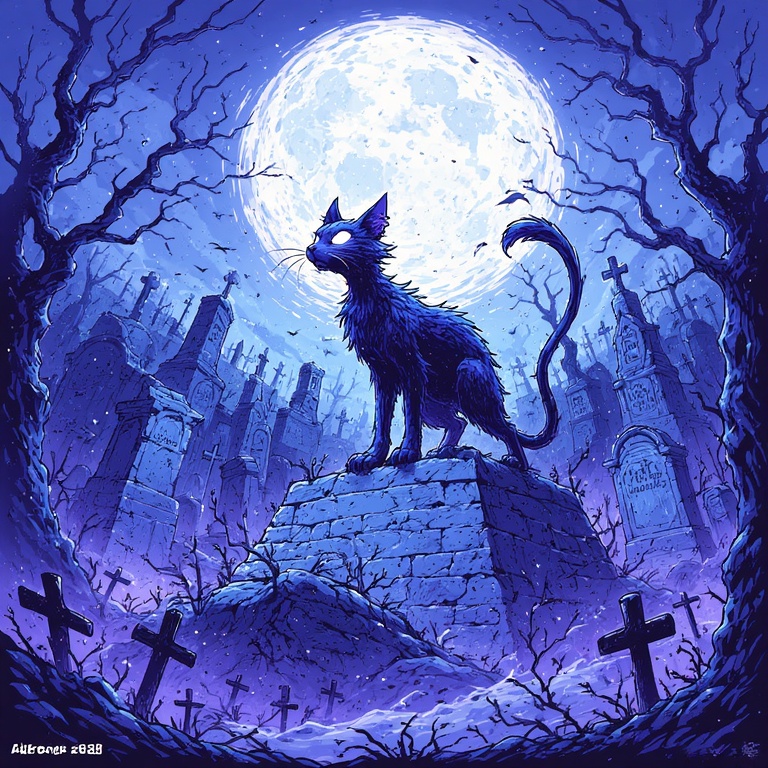 Moonlit Cemetery Cat