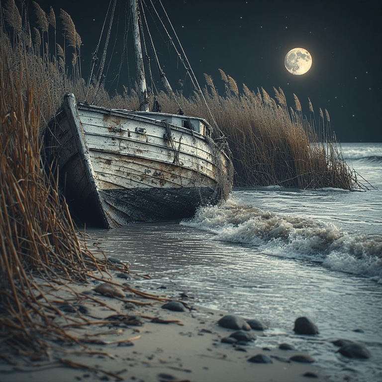 Moonlit Abandoned Fishing Boat
